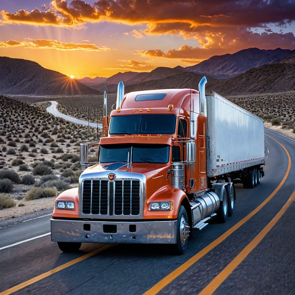 A rugged long-haul trucker in a weathered cap, confidently steering a powerful 18-wheeler along a scenic highway. In the background, rolling hills and vast deserts stretch into the horizon, under a stunning sunset sky. Highlight essential trucking gear, like a GPS and a coffee thermos, on the dashboard, while the truck's freight container showcases mysterious cargo. Emphasize a rebellious spirit with a hint of adventure, capturing the essence of freedom on the road. super-realistic. vibrant colors. dramatic lighting.