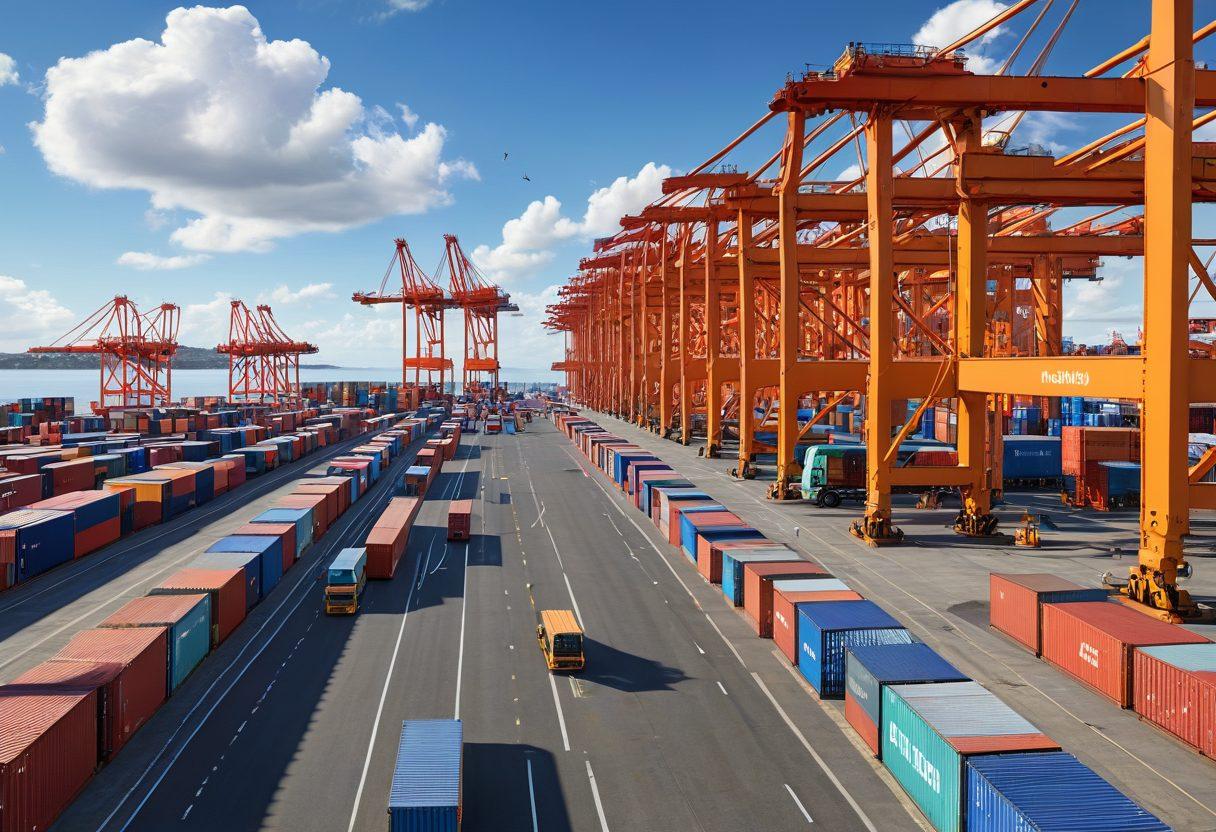 An expansive view of a busy freight shipping port, with colorful cargo containers stacked high and various trucks loading and unloading. A map overlay showcasing optimized routes and logistics elements, such as arrows and distances. The sky is bright with only a few clouds, emphasizing a productive atmosphere. Include action elements, like cranes and workers in motion, to convey energy and efficiency. super-realistic. vibrant colors. 3D.